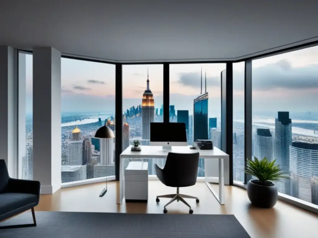Oficina moderna con vista panorámica: 8k detallado Un elegante despacho con vistas a la ciudad, un escritorio blanco y arte sofisticado; ambiente profesional