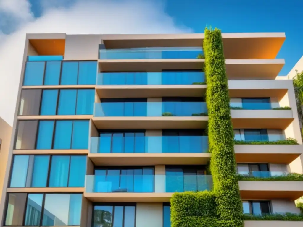 Edificio de lujo en ciudad latinoamericana: arquitectura moderna y elegante Elegante edificio de apartamentos en una bulliciosa ciudad latinoamericana, rodeado de vegetación, bajo un cielo azul