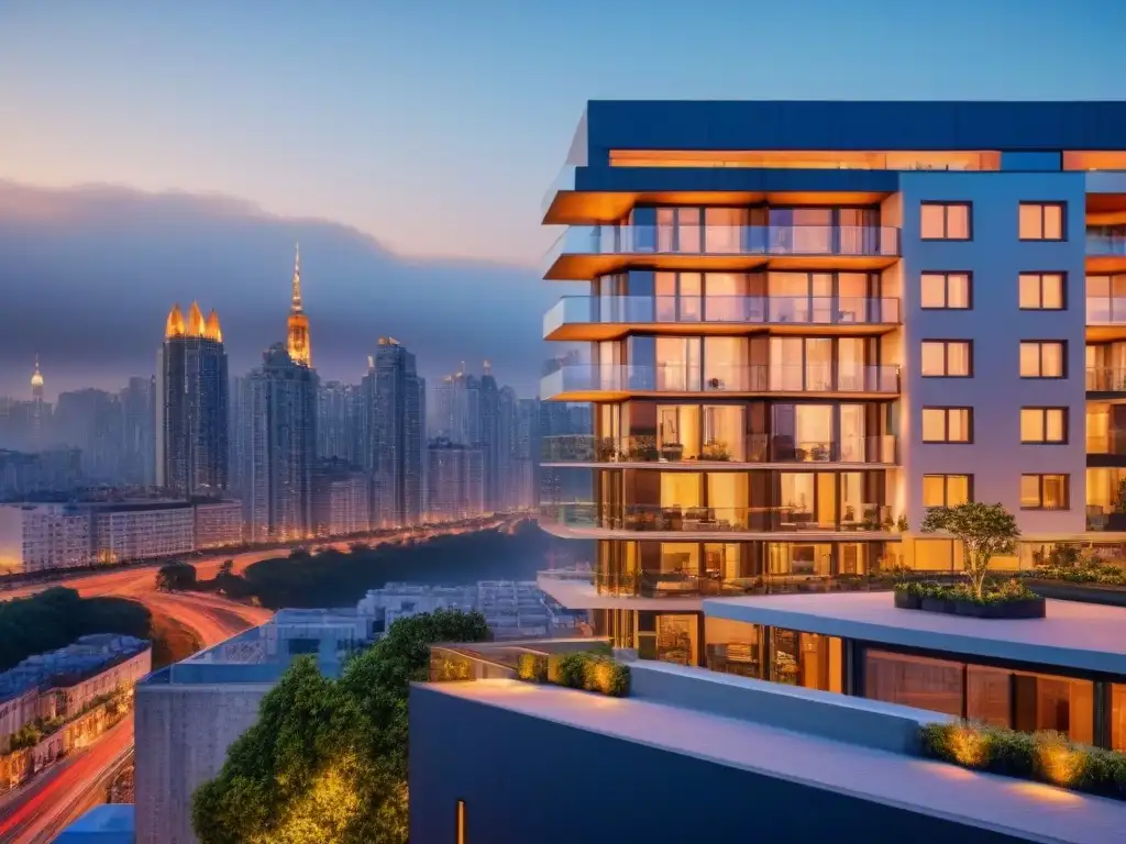Edificio de apartamentos moderno y elegante en la ciudad al atardecer Un elegante edificio de apartamentos con diseño moderno y vistas a la ciudad al atardecer, ideal para expatriados en busca de un hogar