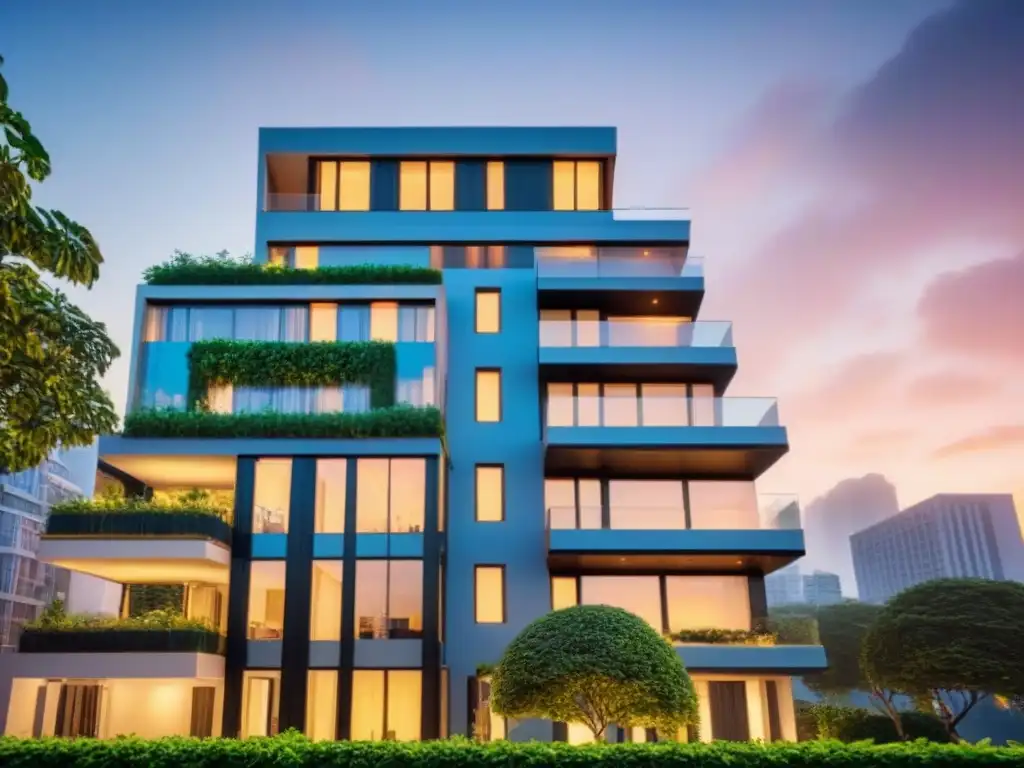 Edificio de lujo con jardín en azotea y vistas urbanas Elegante edificio de apartamentos con diseño moderno, jardín en la azotea y vista a la ciudad