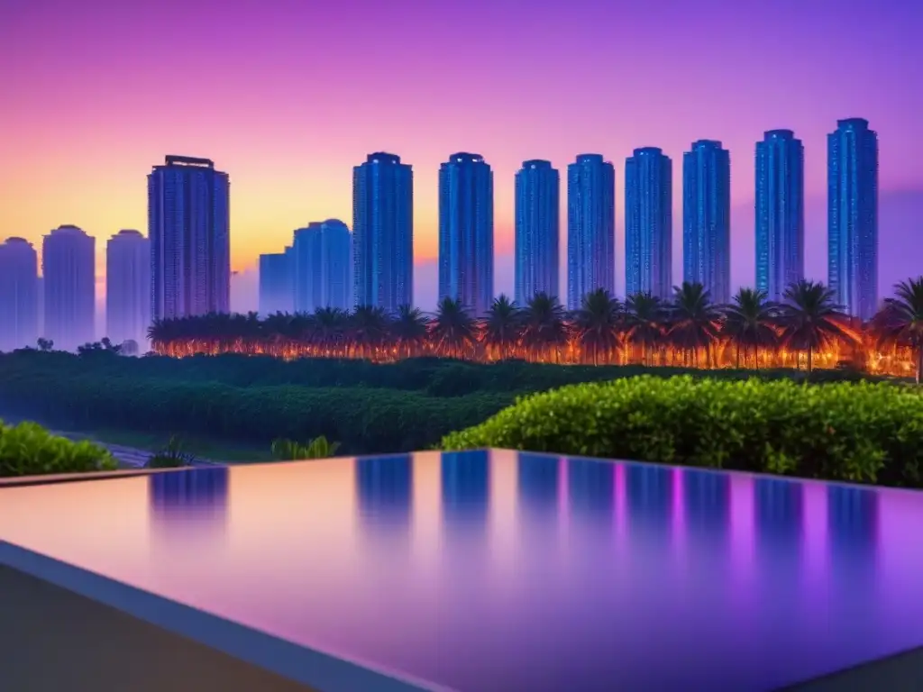 Resplandor urbano: edificio de lujo en la ciudad al atardecer Elegante edificio de apartamentos de lujo en la ciudad al atardecer