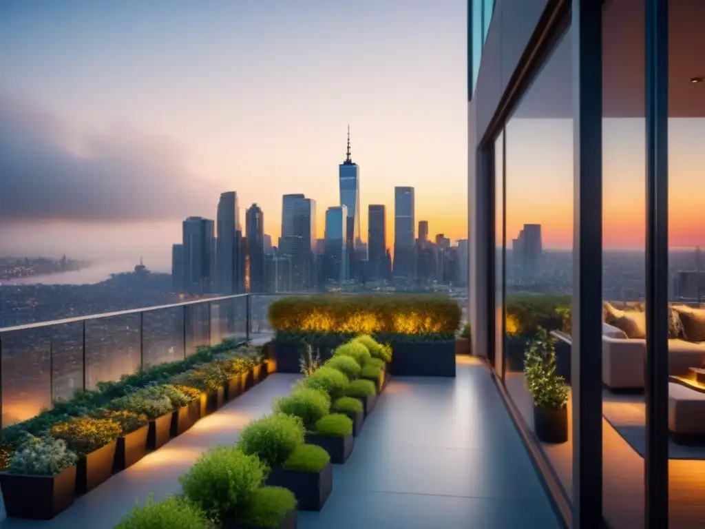 Edificio de lujo con vistas urbanas al atardecer Un elegante edificio de apartamentos de lujo con ventanas de cristal de piso a techo que reflejan el horizonte de la ciudad al atardecer