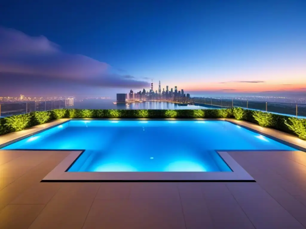 Edificio de lujo con infinity pool: arquitectura moderna y elegancia urbana Un elegante edificio de apartamentos de lujo con ventanales de piso a techo que reflejan el vibrante horizonte de la ciudad por la noche