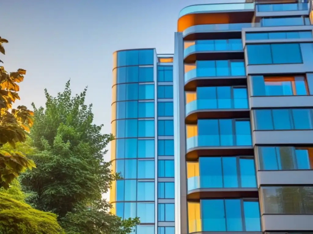 Edificio de apartamentos de lujo: armonía en la ciudad Un elegante edificio de apartamentos moderno con fachadas de vidrio, rodeado de árboles y bajo un cielo azul