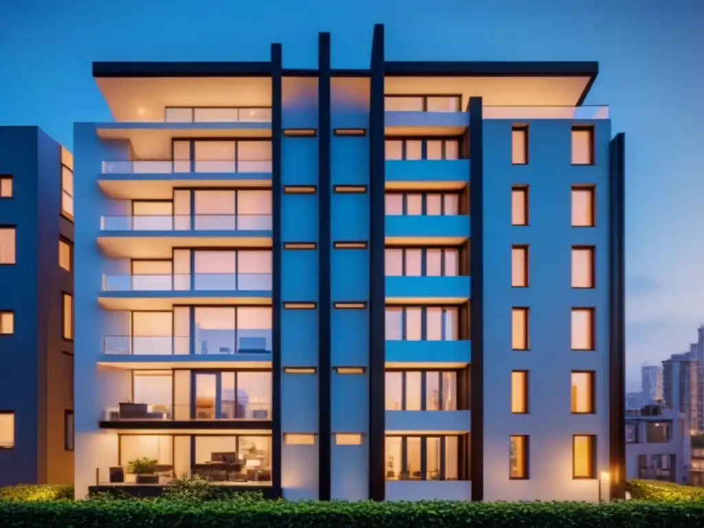Edificio moderno y seguro en ciudad vibrante al anochecer Un elegante edificio de apartamentos moderno y seguro, iluminado cálidamente al anochecer en la ciudad