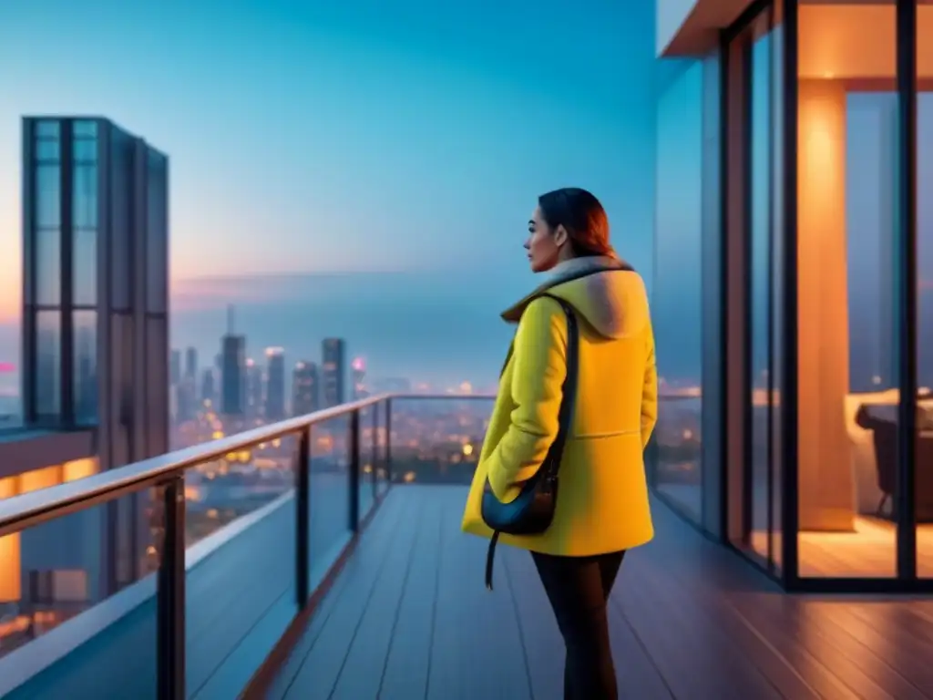 Edificio residencial moderno con ventanales y vista urbana al atardecer Elegante edificio residencial con grandes ventanales reflejando la vibrante ciudad al atardecer, creando una atmósfera sofisticada y urbana
