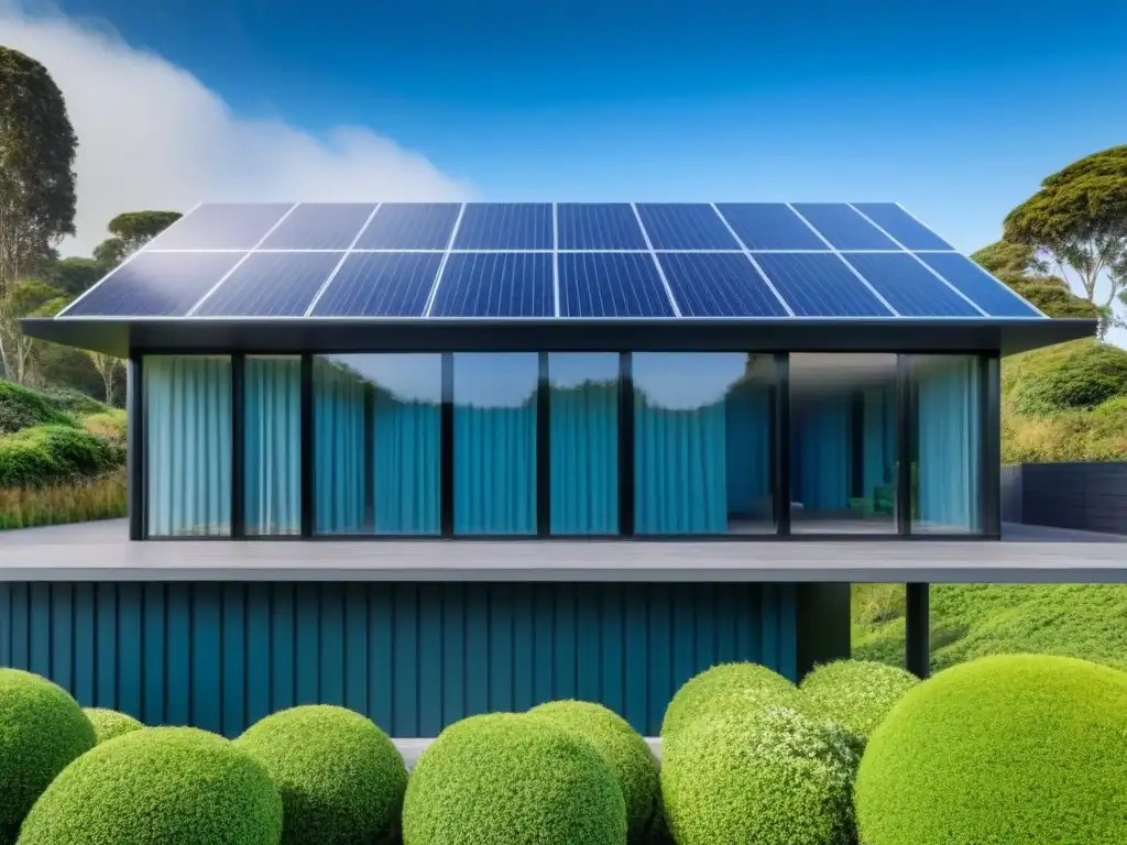 Edificio sostenible con paneles solares y jardines verdes Elegante edificio sostenible con paneles solares, muros verdes y sistema de recolección de agua de lluvia