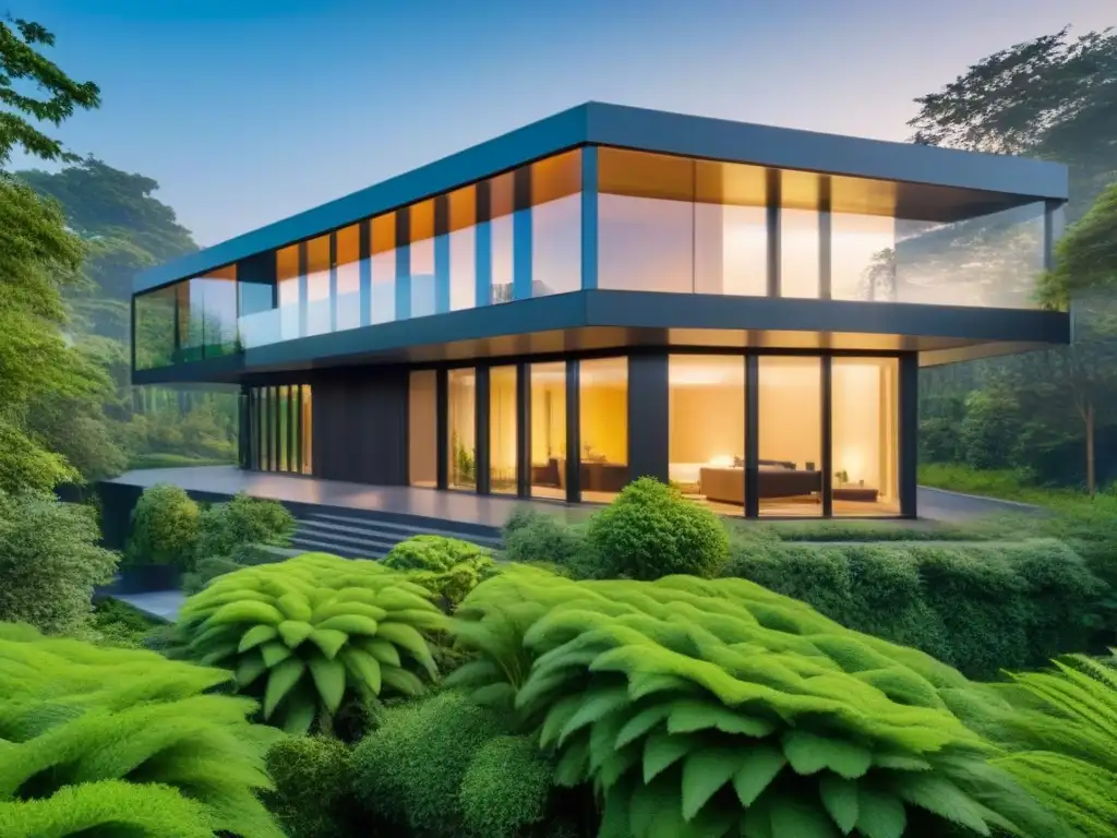 Elegante edificio de vidrio rodeado de vegetación, reflejando estrategias inmobiliarias innovadoras