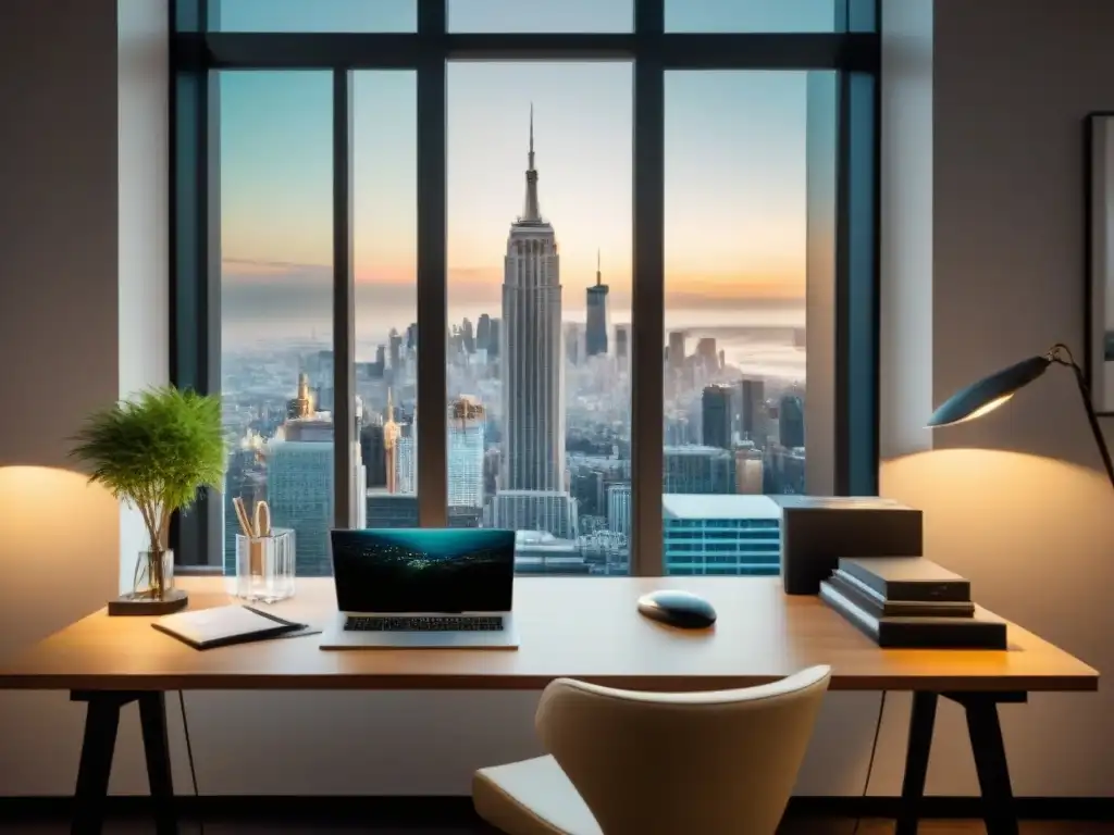 Elegante escritorio de oficina con vistas a la ciudad Un elegante escritorio de oficina con certificaciones de alto valor inmobiliario, iluminado por luz natural con vista a la ciudad