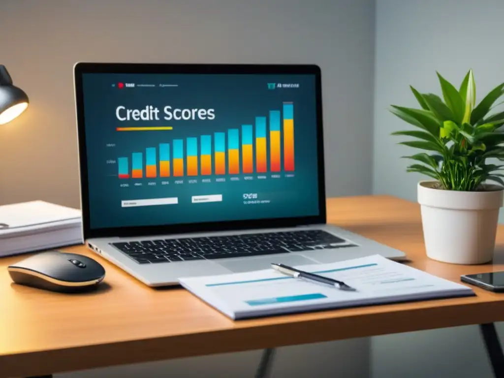Oficina moderna con gráfico de crédito y llaves, detalle impecable Un elegante escritorio de oficina con laptop mostrando gráfico de historial crediticio en hipotecas privadas, llaves y lupa