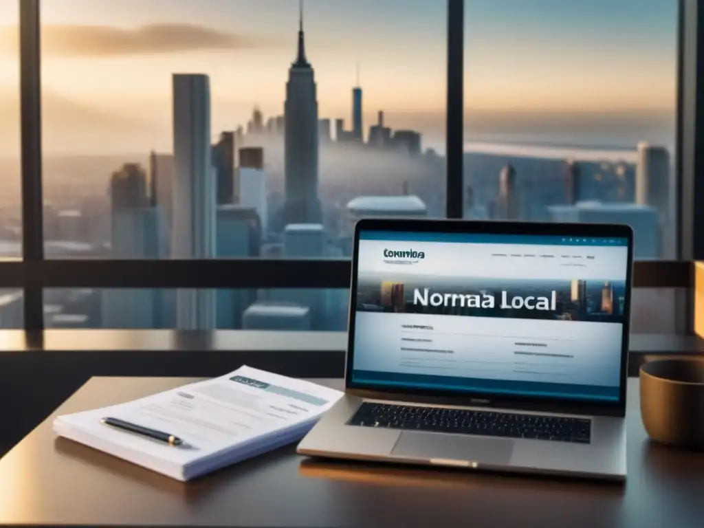 Oficina moderna de lujo: solicitud hipotecaria y documentos legales Un elegante escritorio de oficina con laptop, documentos legales y normativa préstamos inmobiliarios local, bañado por la luz natural de la ciudad