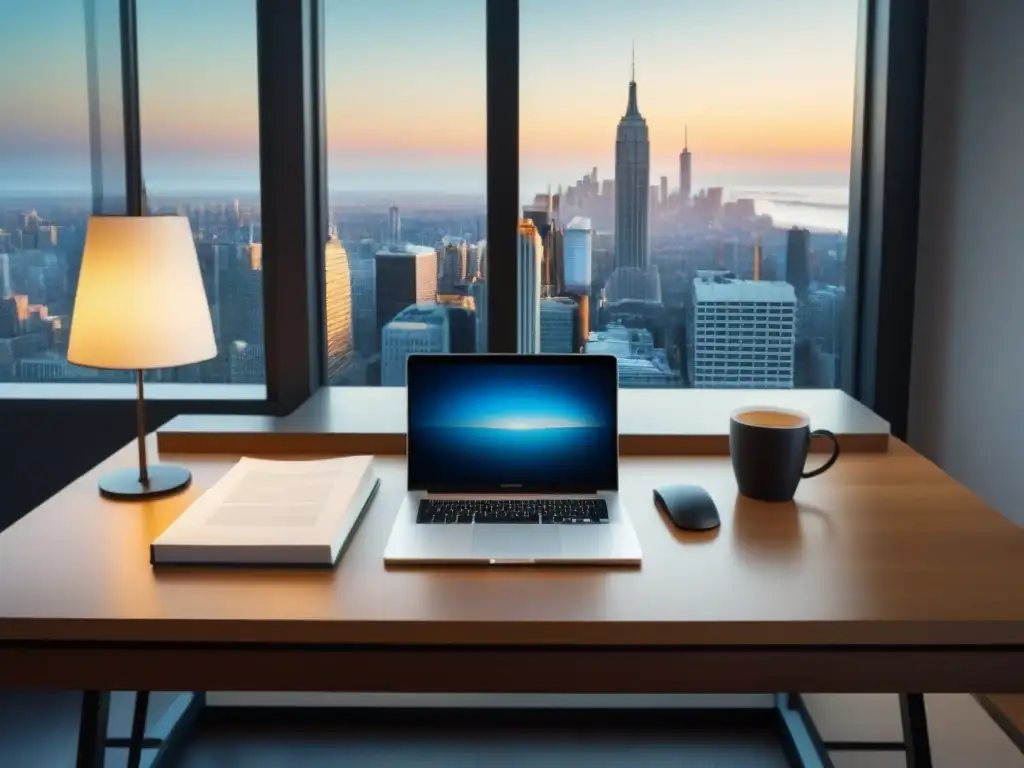 Escritorio minimalista: organización financiera y elegancia Un elegante escritorio de oficina con laptop, calculadora y documentos financieros ordenados