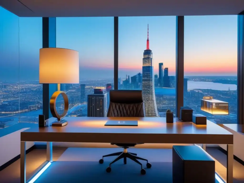 Diseño de oficina de lujo con vista panorámica nocturna Un elegante escritorio de oficina en un lujoso ático con vista a la ciudad al atardecer, ideal para publicidad inmobiliaria de lujo