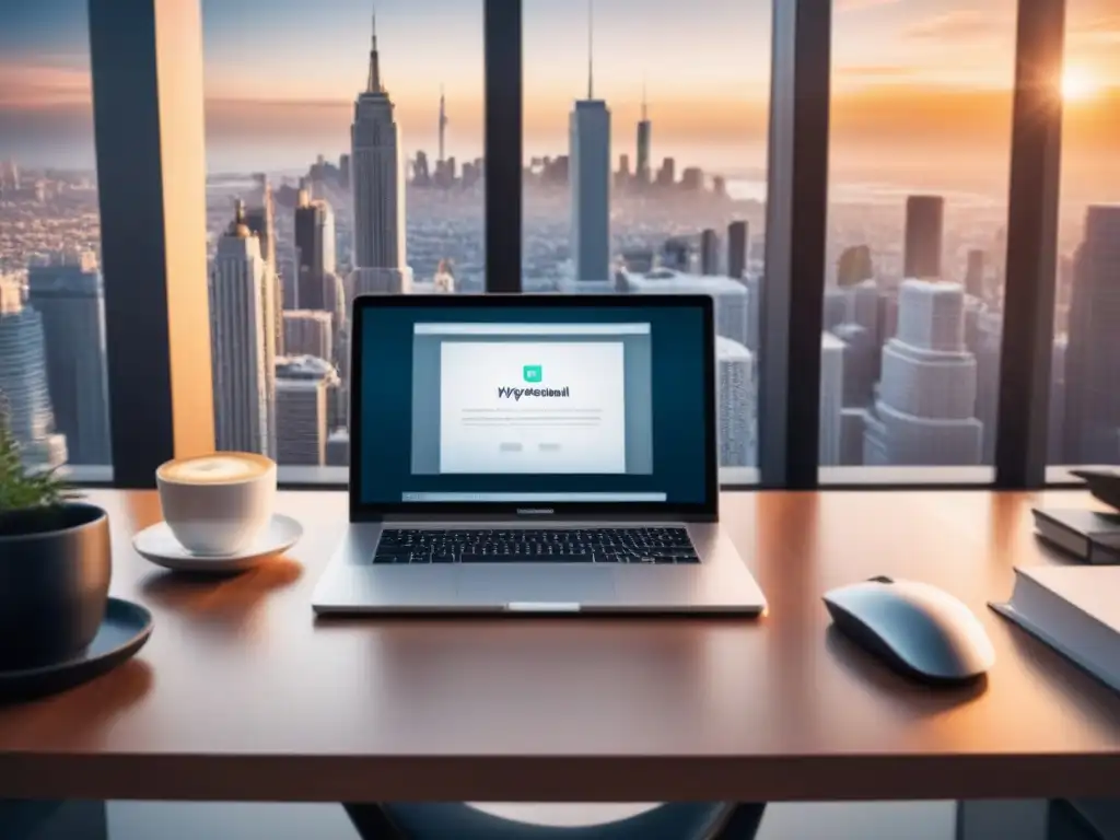 Oficina moderna con vista panorámica y manos escribiendo en laptop Un elegante escritorio de oficina con normativas inmobiliarias herramientas cumplimiento, vista panorámica de la ciudad