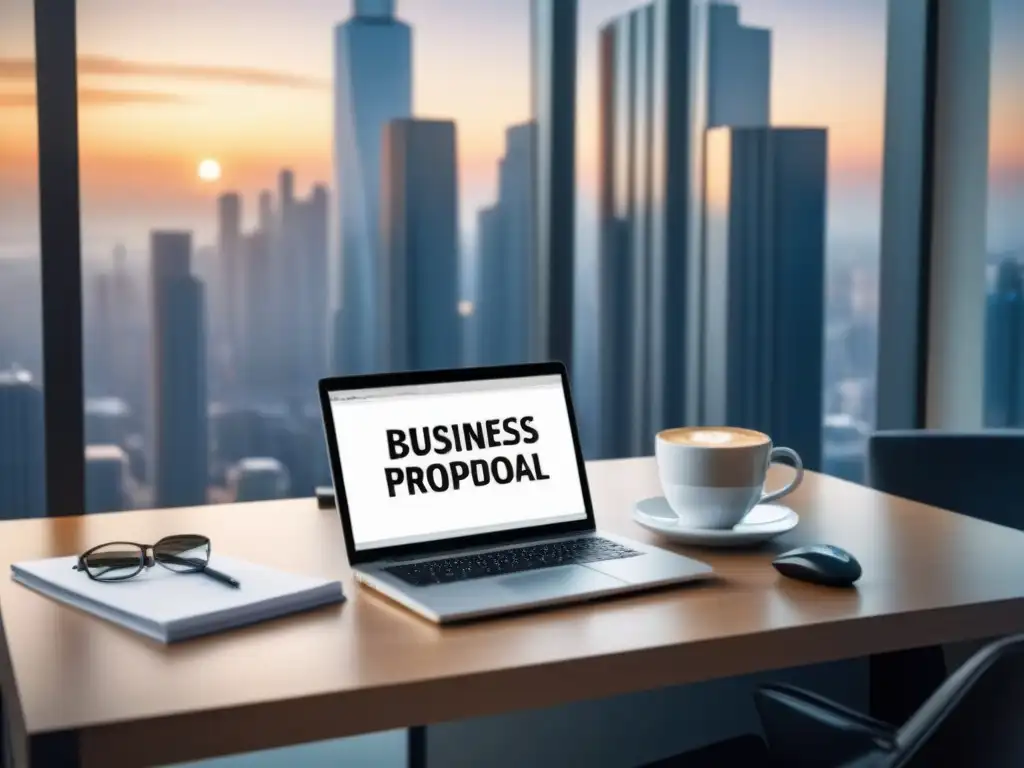 Propuesta de préstamo: oficina moderna y productiva Un elegante escritorio de oficina con propuesta de préstamo comercial irresistible en laptop, café y reportes financieros