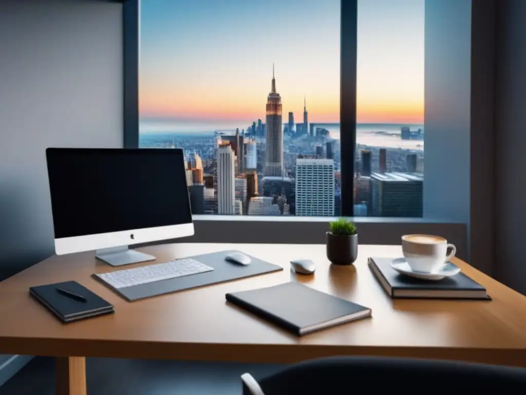 Escritorio de oficina moderna y profesional con vista panorámica Un elegante escritorio de oficina con vista a la ciudad y herramientas de análisis financiero