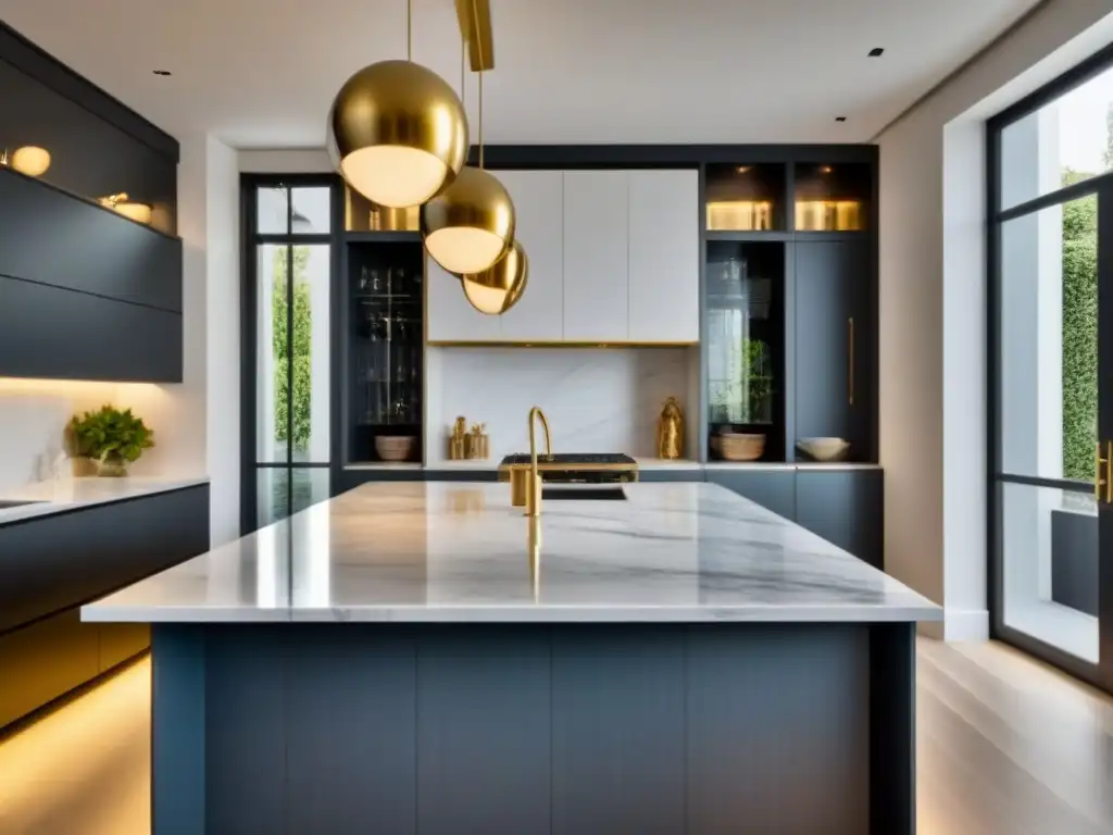 Renovación de cocina de lujo: blanco, mármol y oro Un elegante espacio de cocina renovado con gabinetes blancos, encimeras de mármol y detalles dorados