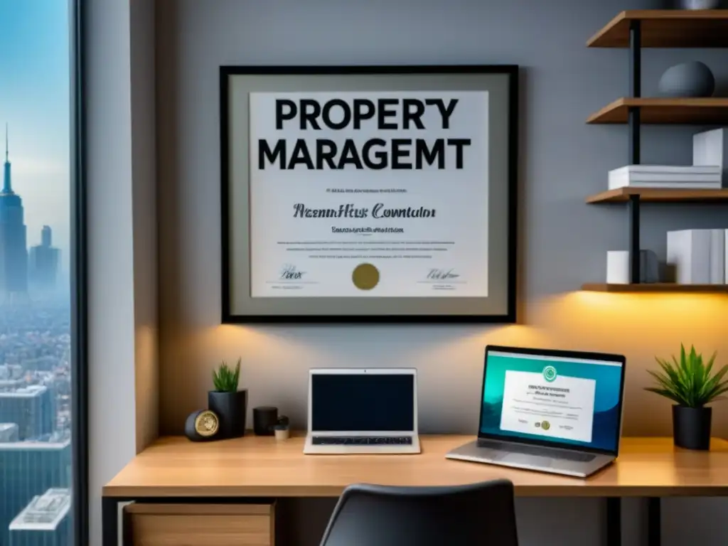 Oficina de lujo con software de gestión inmobiliaria y certificación Un elegante espacio de oficina moderna con certificación en Gestión de Propiedades Inmobiliarias