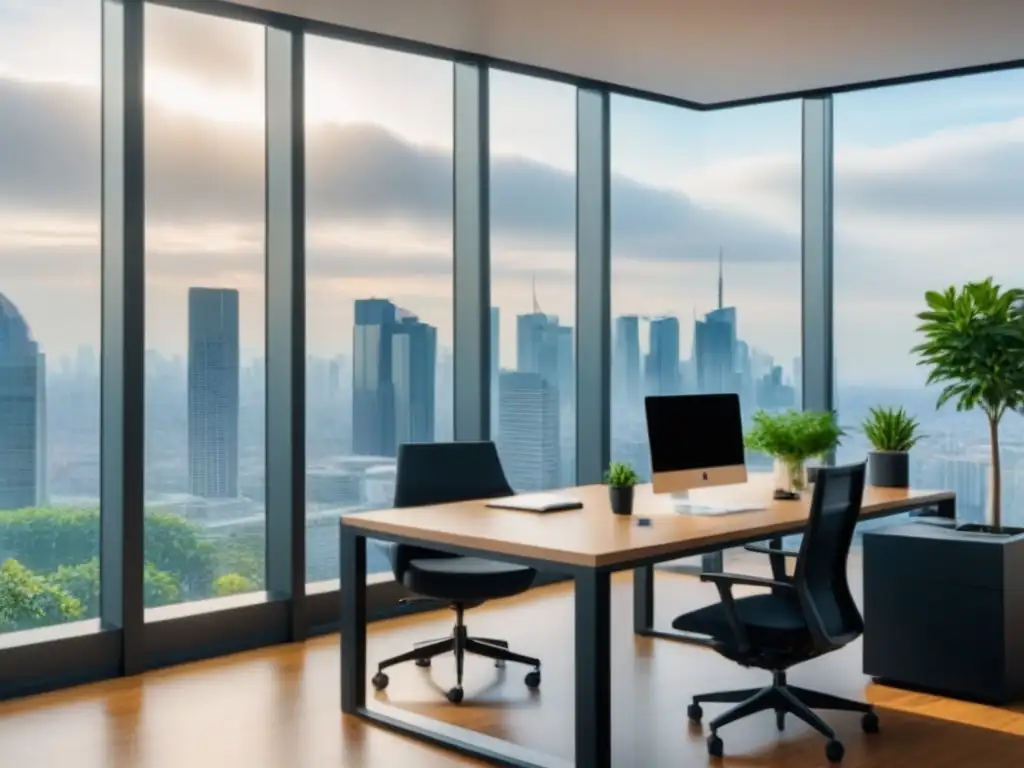 Oficina moderna de lujo con vistas a la ciudad y diseño elegante Un elegante espacio de oficina moderno con vistas a la ciudad, muebles sofisticados y plantas verdes en macetas