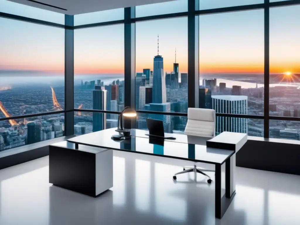 Oficina moderna con vista panorámica y diseño sofisticado Un elegante espacio de oficina moderno con vista a la ciudad para Estrategias inversión corto plazo inmobiliario