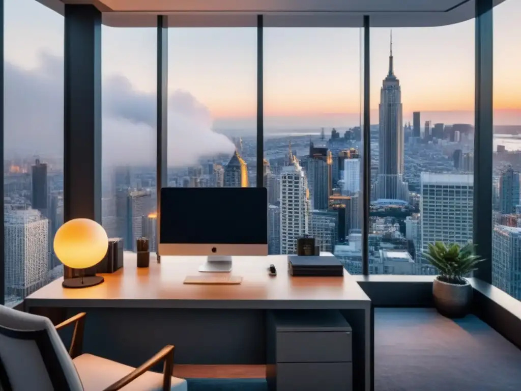 Oficina moderna de lujo con vista panorámica y motivación Un elegante espacio de oficina con vista a la ciudad, con escritorio, gráficos financieros, libros de inversión y una cita motivacional enmarcada