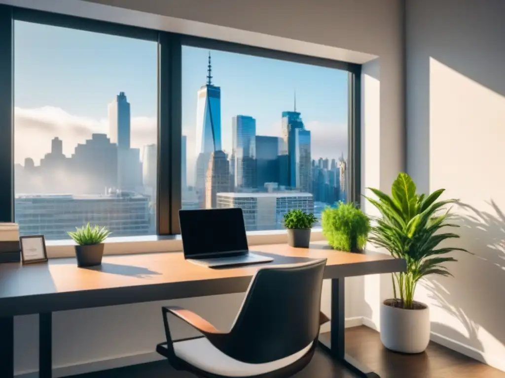 Oficina moderna con vista a la ciudad: productividad y sofisticación Un elegante espacio de oficina con vista a la ciudad, decorado con plantas verdes