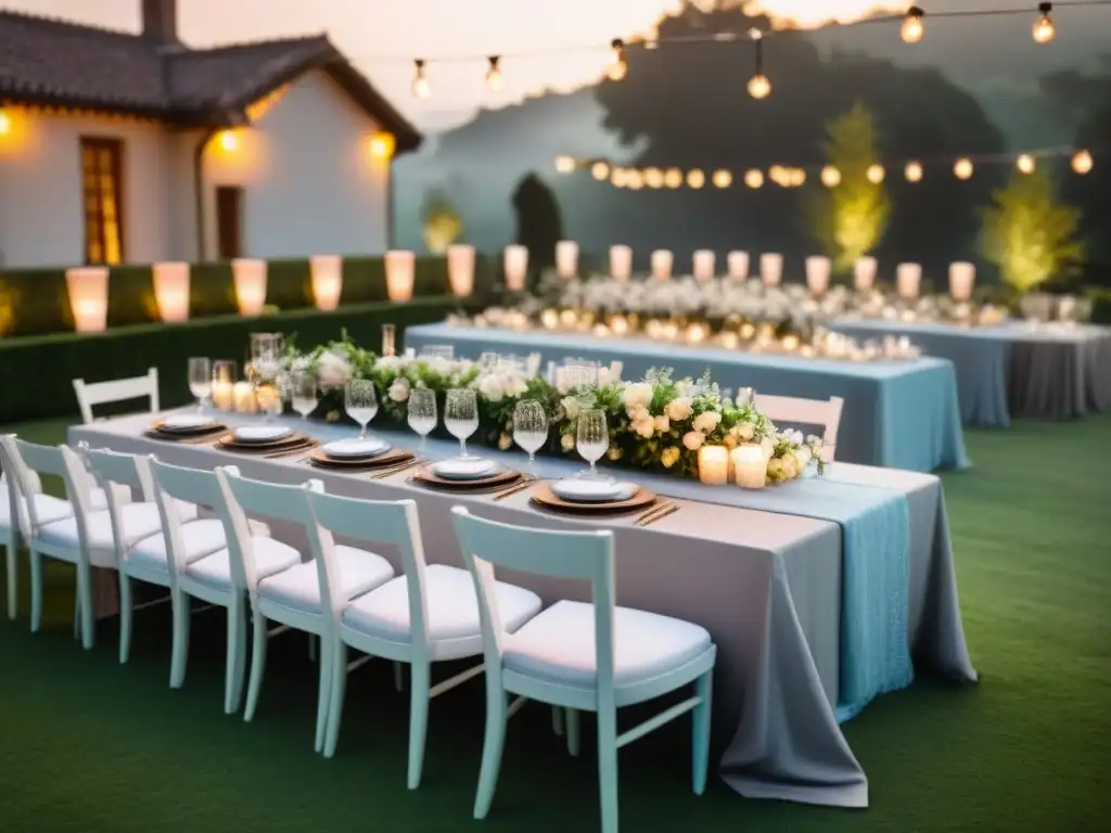 Cena de lujo al aire libre en el crepúsculo Un elegante evento al aire libre al atardecer con luces cálidas, mesa lujosamente decorada y servicios exclusivos gestor propiedades lujo