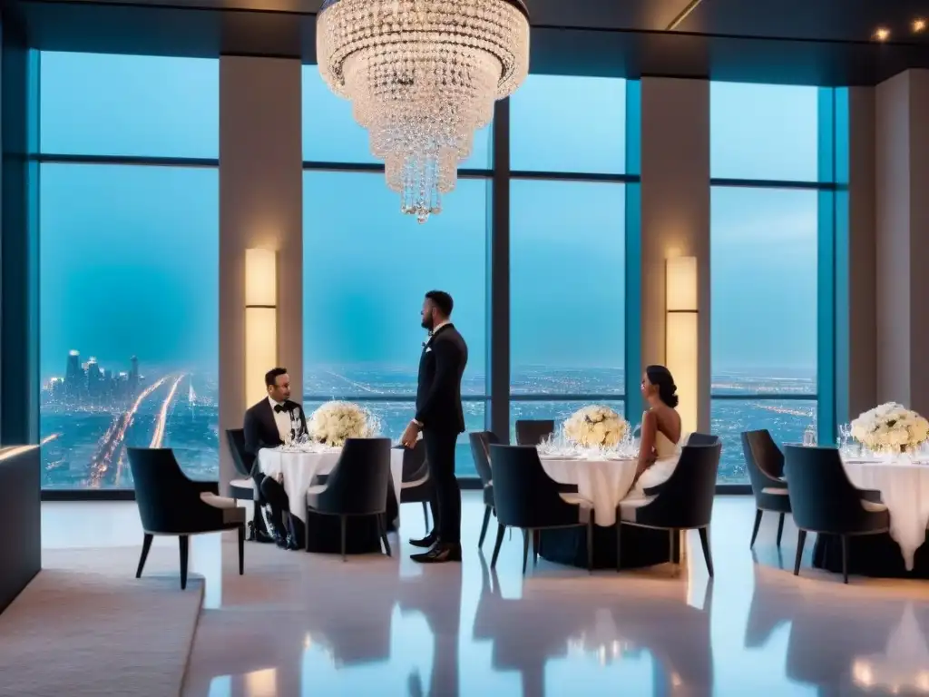 Exclusivo salón de eventos de lujo con vista skyline al atardecer Elegante evento de lujo con invitados en traje, chandeliers y vista urbana al anochecer