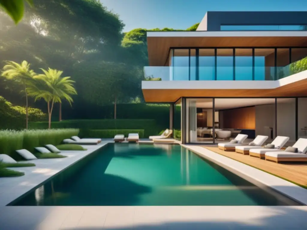 Imagen de lujo: Estrategias efectivas en bienes raíces de alta gama Elegante imagen de vacantes en propiedades de lujo con arquitectura moderna, piscina y profesionales colaborando en terraza lujosa