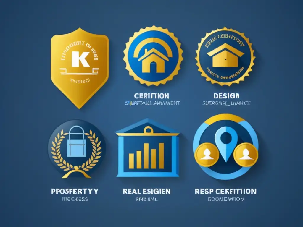 Insignias de certificación inmobiliaria: especializaciones y elegancia Una elegante infografía de certificaciones en bienes raíces para inversores, con distintas especializaciones y colores sofisticados
