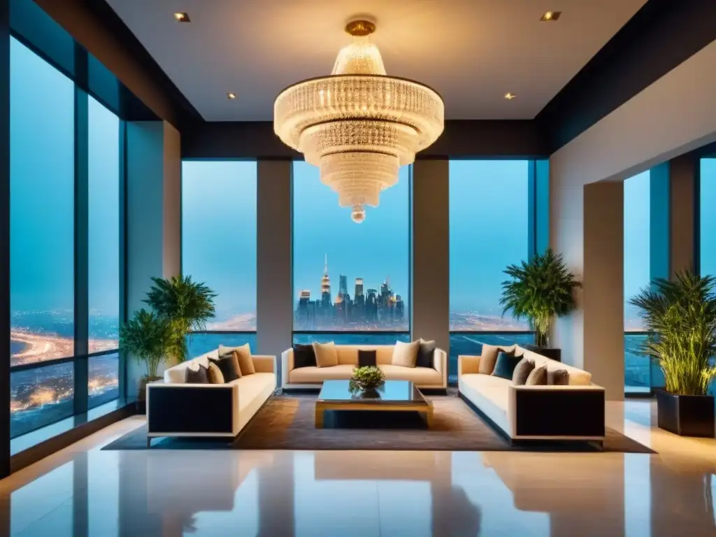 Exclusivo lobby de hotel moderno con vista nocturna de la ciudad Elegante lobby de hotel moderno con vista nocturna de la ciudad