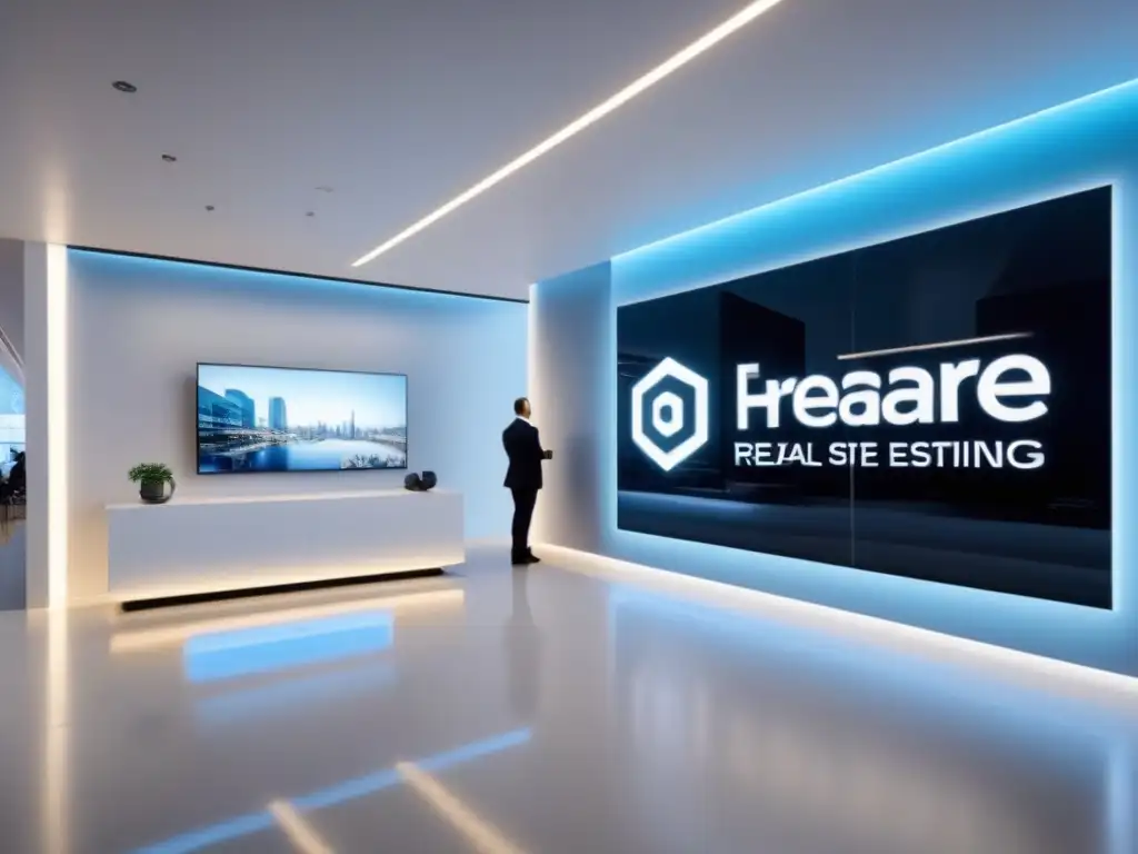 Oficina inmobiliaria futurista: diseño moderno y tecnológico Elegante lobby inmobiliario moderno con elementos futuristas y tecnología de vanguardia, ideal para estrategias retargeting mercado inmobiliario