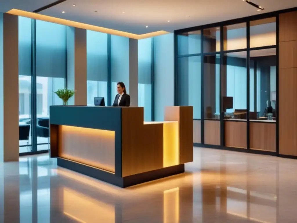 Recepción de oficina moderna y lujosa con estilo minimalista y elegante Elegante lobby de oficina moderna con paredes de vidrio, suelo de mármol pulido y mobiliario minimalista