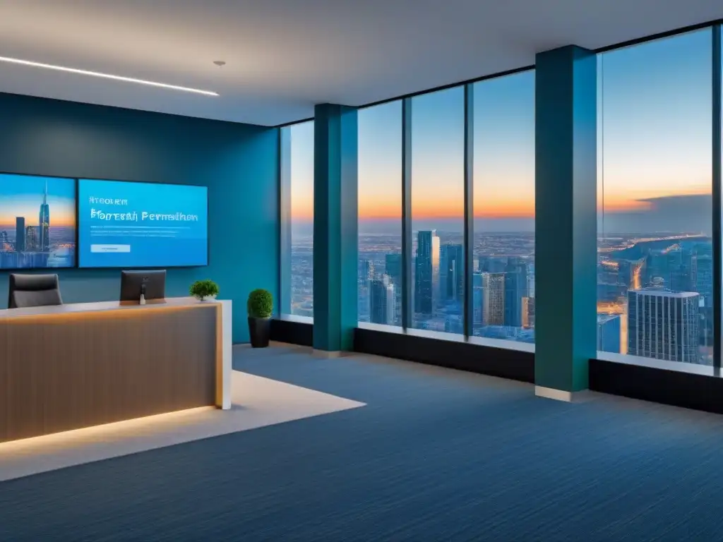 Oficina moderna de edificio con vista urbana Elegante lobby de oficina en un rascacielos con vista panorámica de la ciudad