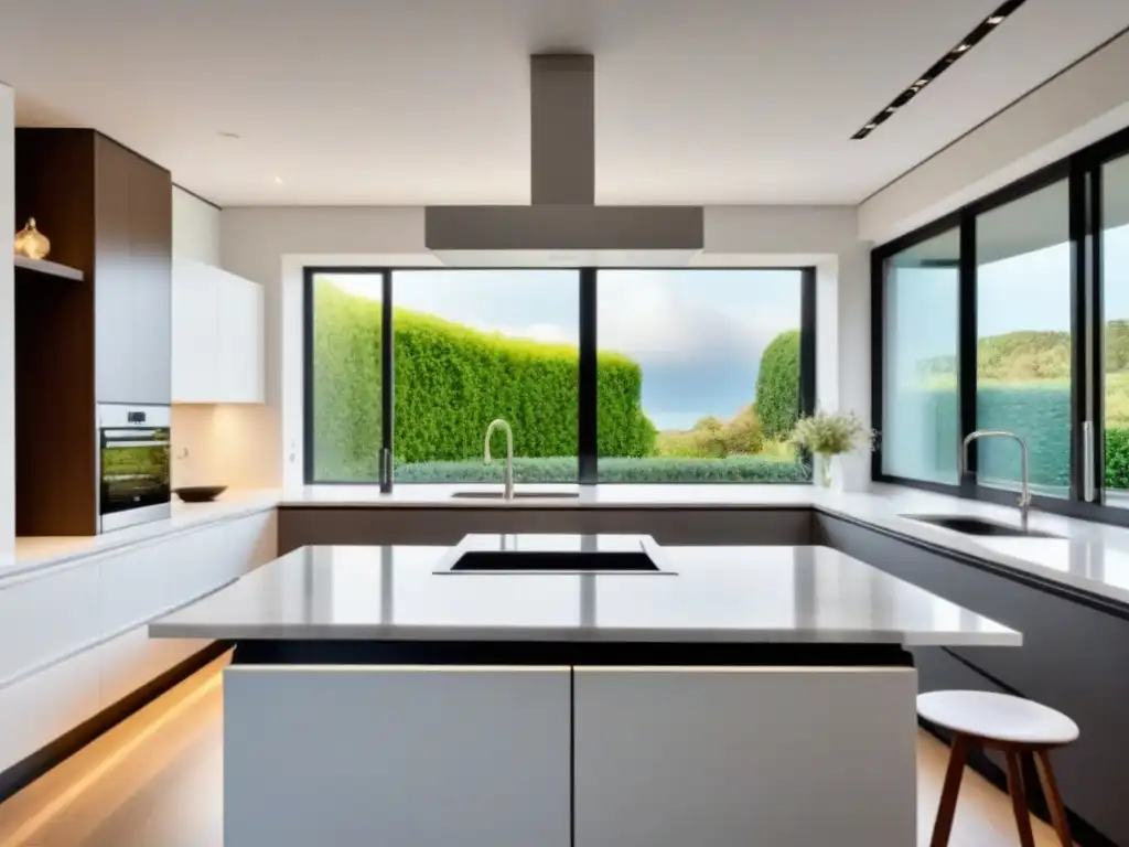 Cocina moderna de lujo con mármol blanco y jardín Un elegante y lujoso diseño de cocina moderna con vistas a un jardín