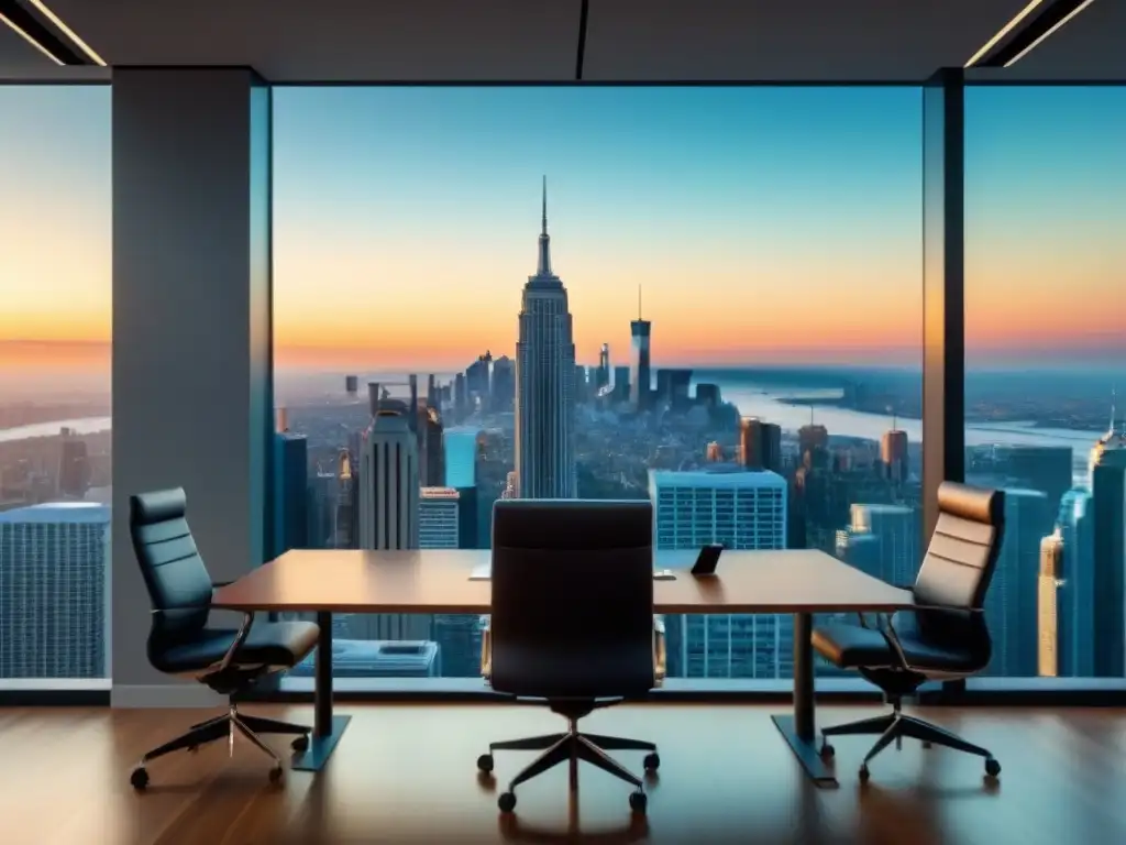 Oficina de abogados moderna y elegante con vista a la ciudad Elegante oficina de abogados con vista a la ciudad, diseño minimalista y mobiliario de lujo para asesoría legal compra propiedades remate