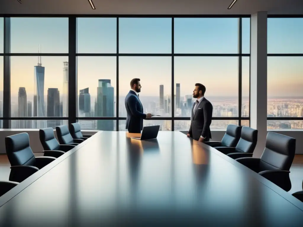 Oficina de lujo con expertos en inversiones inmobiliarias Elegante oficina con equipo experto discutiendo estrategias de inversión inmobiliaria