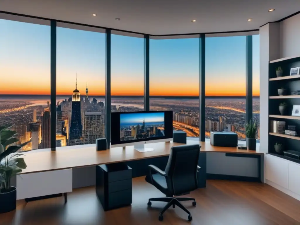 Oficina inmobiliaria ultramoderna con vista panorámica de la ciudad Elegante oficina inmobiliaria con equipo de video profesional, estrategias de video marketing inmobiliario