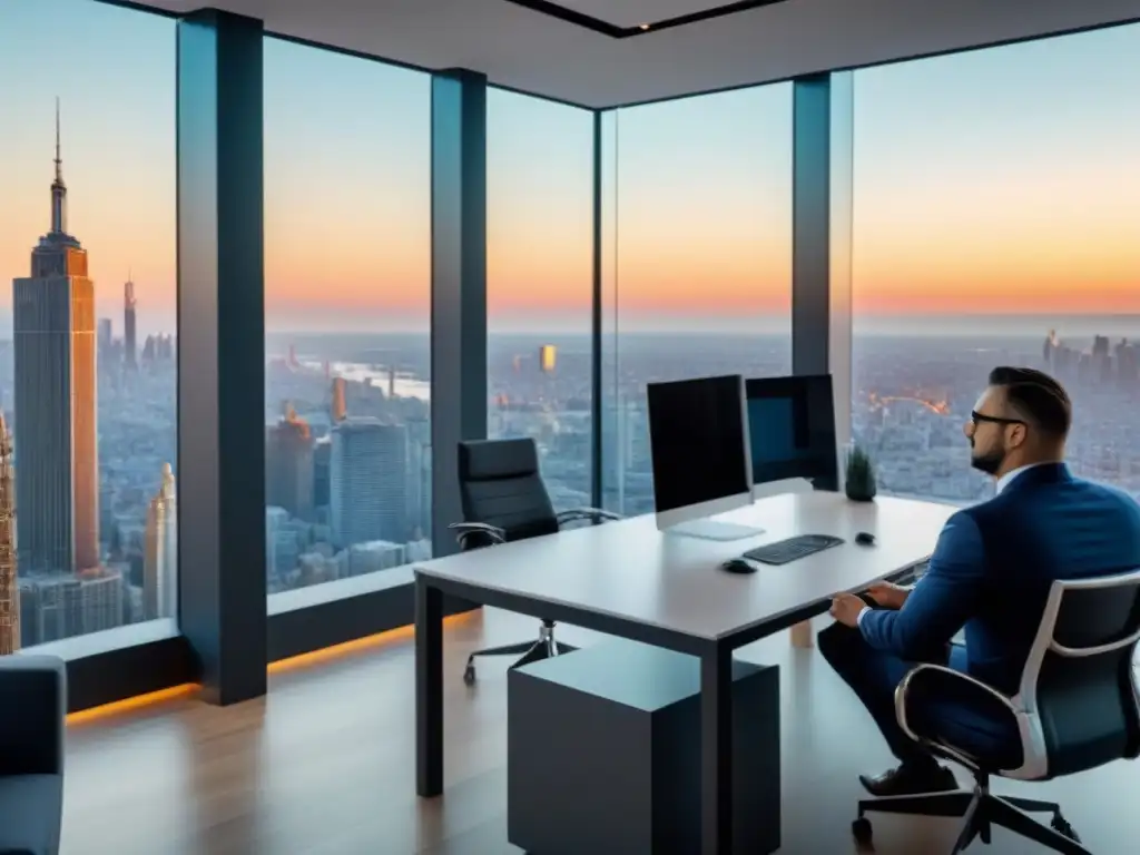 Oficina inmobiliaria moderna con equipo de video de alta tecnología Elegante oficina inmobiliaria con vista a la ciudad, equipo de video y reunión de estrategia de marketing