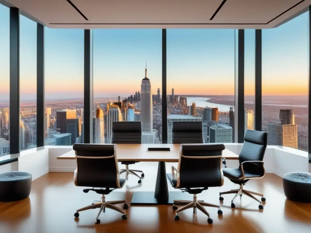 Oficina moderna con mesa de conferencias y vista panorámica Elegante oficina con mesa de conferencias, gráficos financieros en laptop y skyline de ciudad