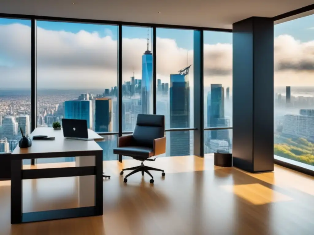Oficina de lujo con vista urbana y mobiliario moderno Elegante oficina moderna con paredes de vidrio, mobiliario elegante y vista urbana, ideal para normativa financiamiento inmobiliario inversor