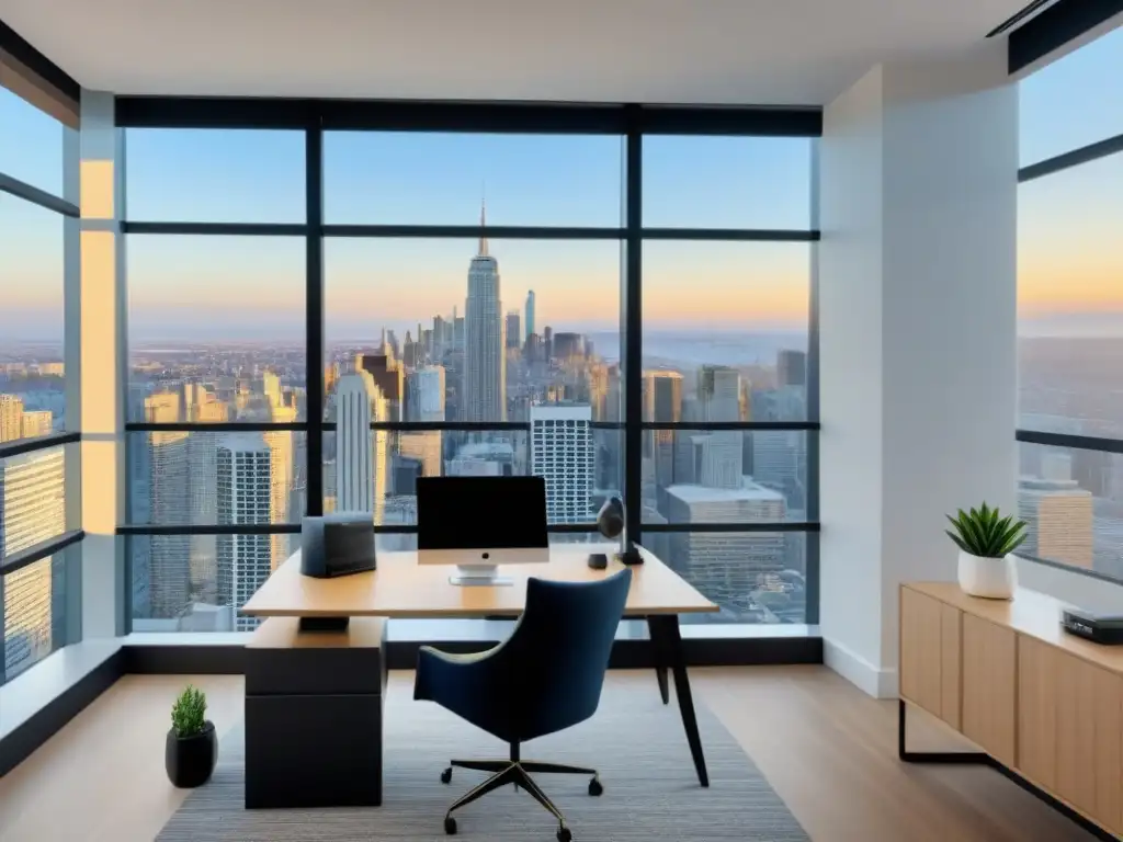 Oficina minimalista con vista panorámica y arte motivacional Elegante oficina con vista panorámica a la ciudad, ideal para asesor hipotecario para comprar casa