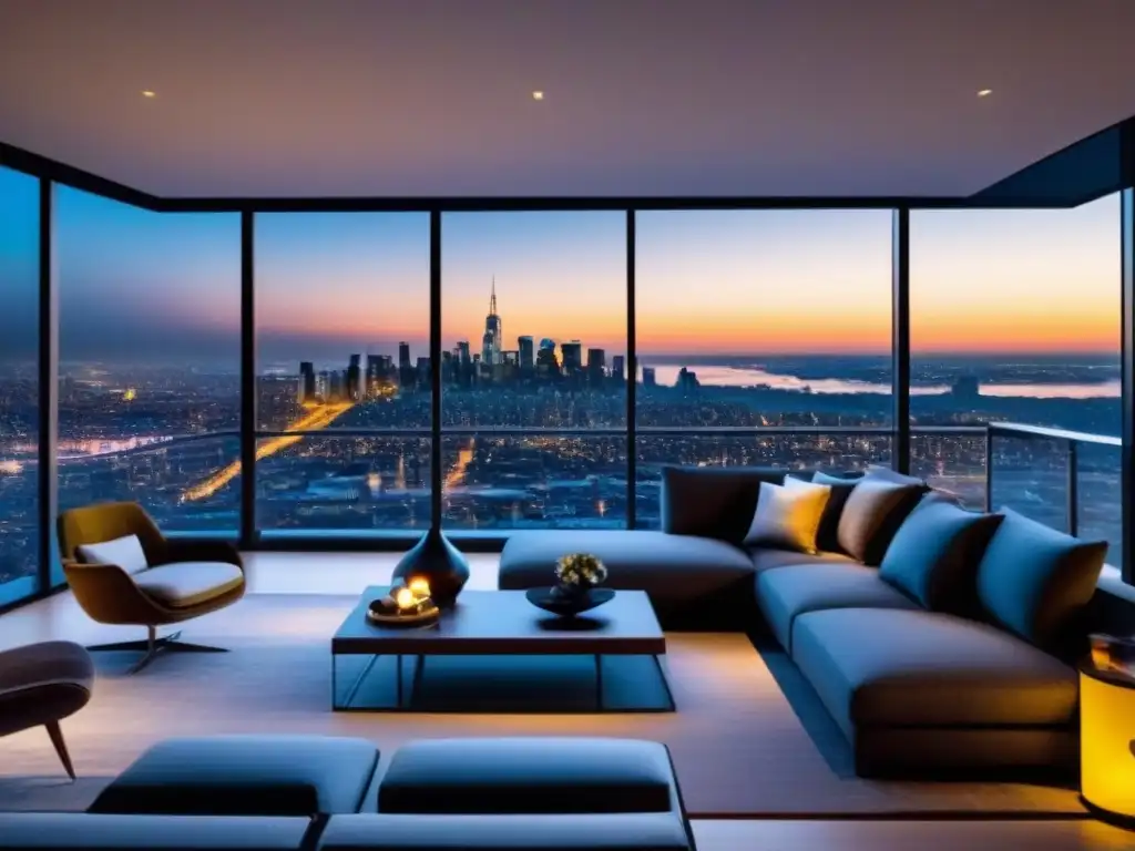 Penthouse de lujo con vistas a la ciudad al atardecer Elegante penthouse de alto standing con vista a la ciudad al anochecer