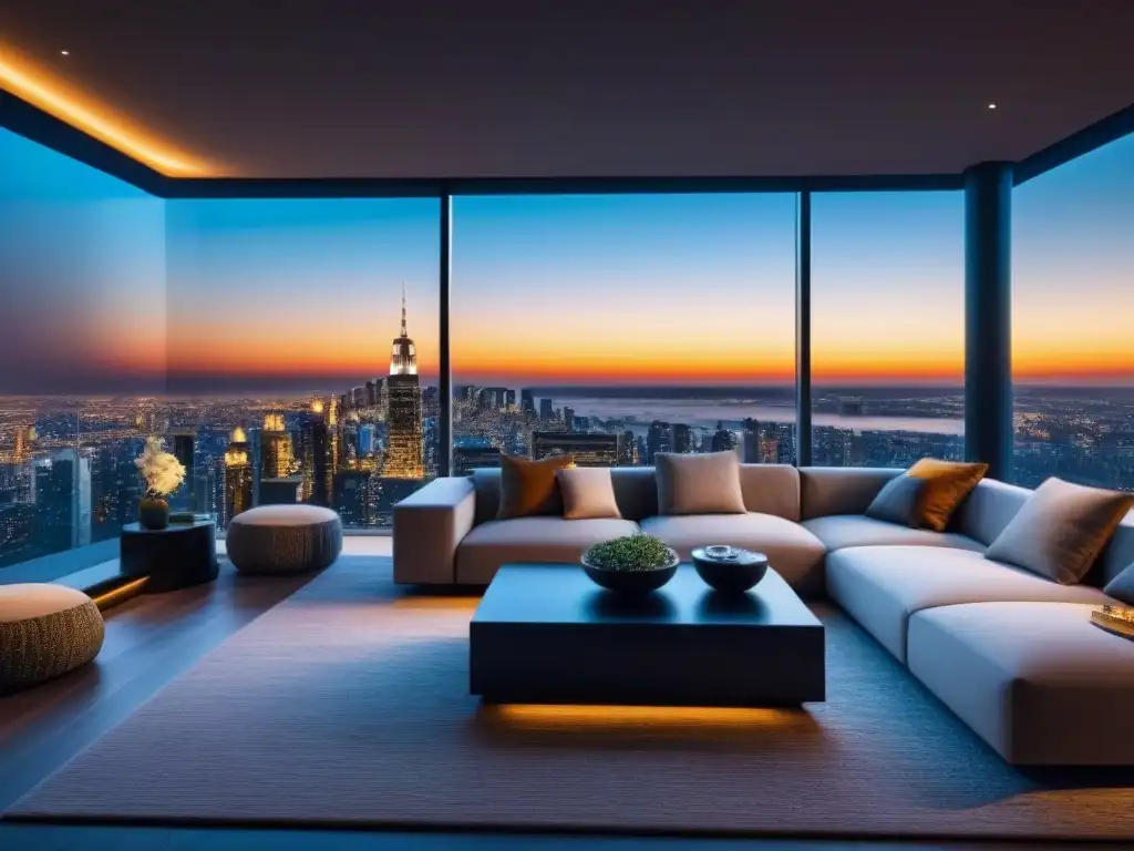 Penthouse de lujo con vista nocturna de la ciudad y diseño elegante Elegante penthouse de lujo con vista nocturna a la ciudad, interior moderno y estrategias de gestión de propiedades de lujo