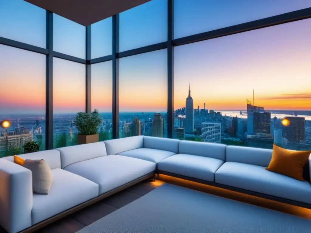 Penthouse de lujo con vistas a la ciudad al atardecer Elegante penthouse moderno con vista a la ciudad al atardecer, decorado con lujo y sofisticación