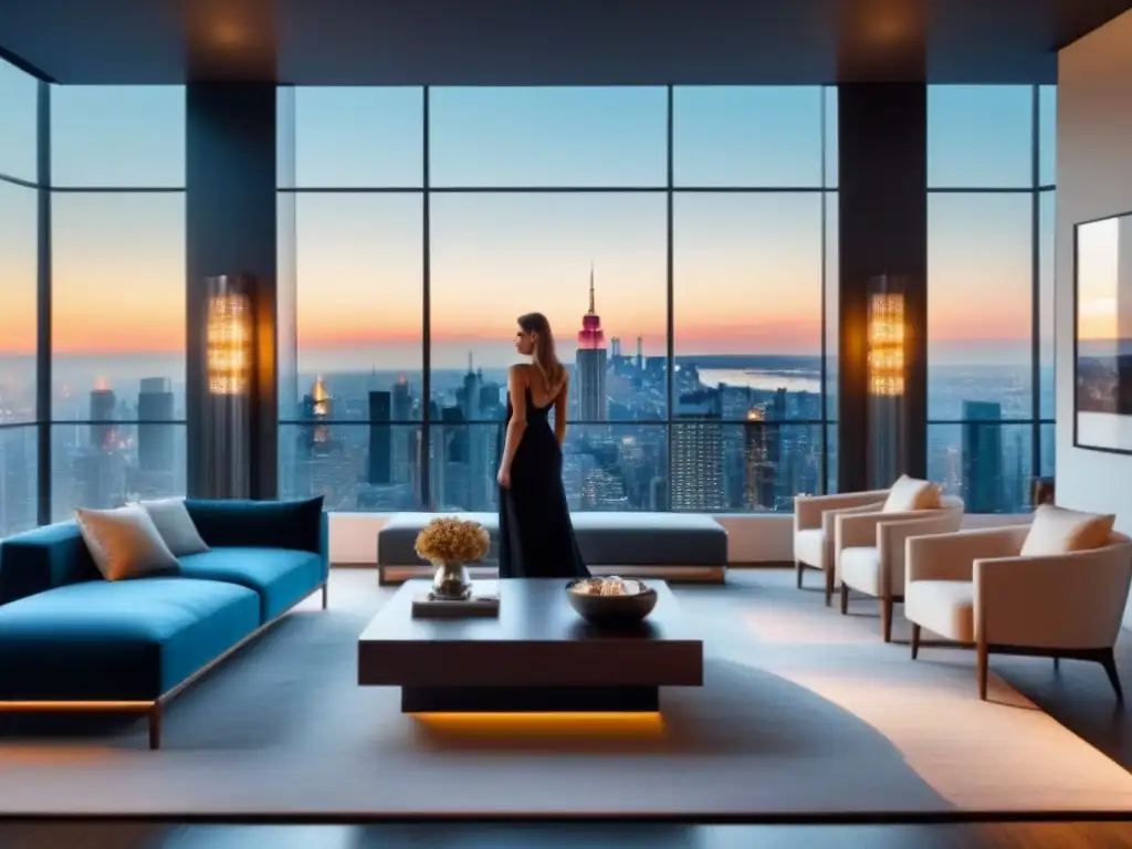 Moderno penthouse de lujo con vista panorámica a la ciudad Elegante penthouse moderno con vista a la ciudad y diseño minimalista