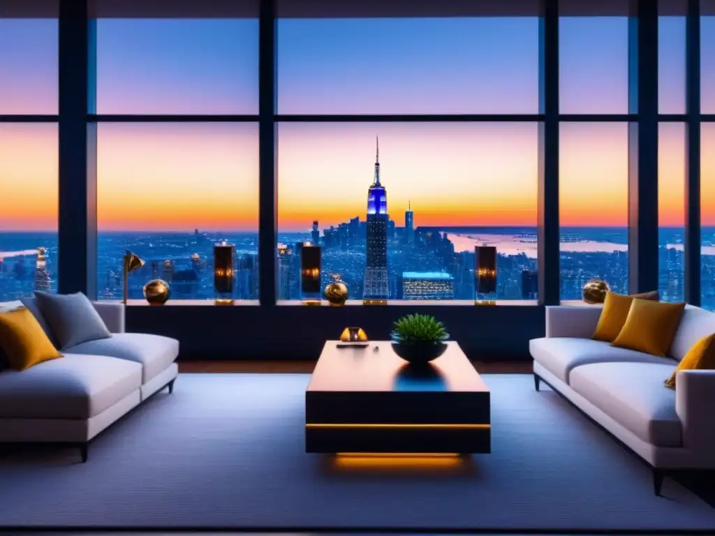 Penthouse moderno de lujo con vista a la ciudad al atardecer Elegante penthouse moderno con vista a la ciudad al atardecer, ideal para negociar compra propiedades zonas lujo