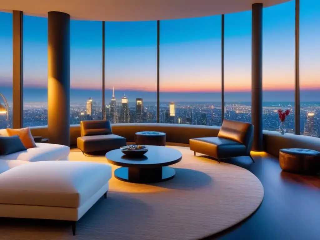 Penthouse moderno de lujo con vista a la ciudad al atardecer Elegante penthouse moderno con vista a la ciudad al atardecer, destacando diseño interior exclusivo y anuncios alto impacto negocio inmobiliario