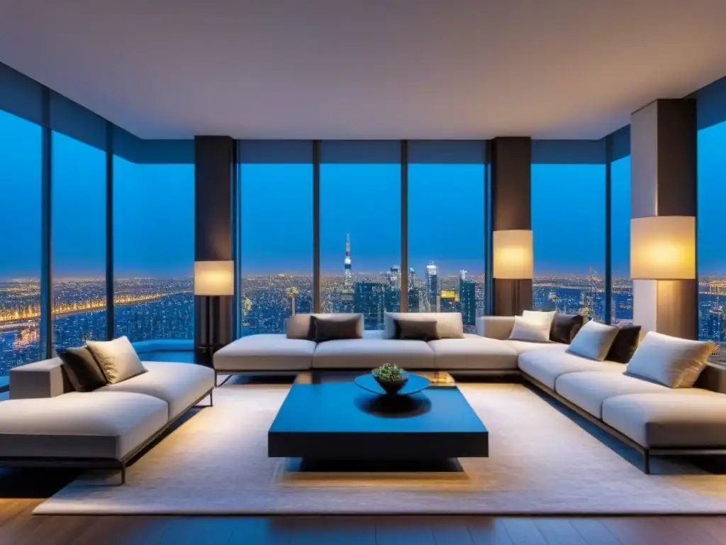 Penthouse de lujo con vista panorámica nocturna de la ciudad Elegante penthouse moderno con vista panorámica de la ciudad de noche, muebles contemporáneos y ambientación sofisticada