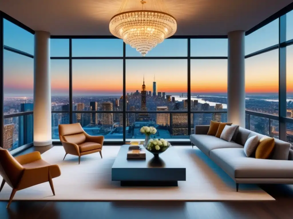 Penthouse de lujo con vista panorámica al atardecer Elegante penthouse moderno con vista a la ciudad al anochecer, diseño interior lujoso y ambiente sofisticado para inversores inmobiliarios